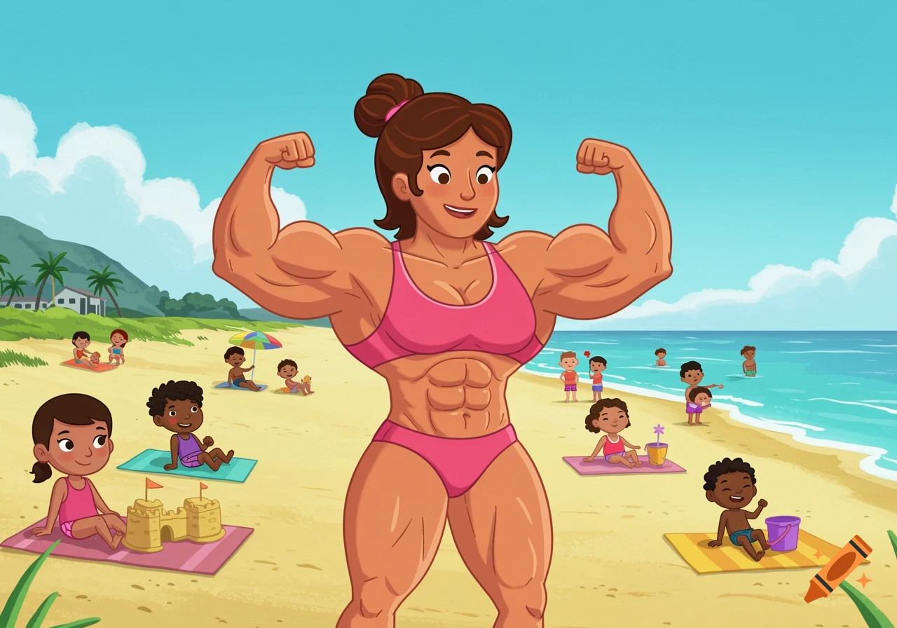 Cartoon woman flexing muscles on a beach with children