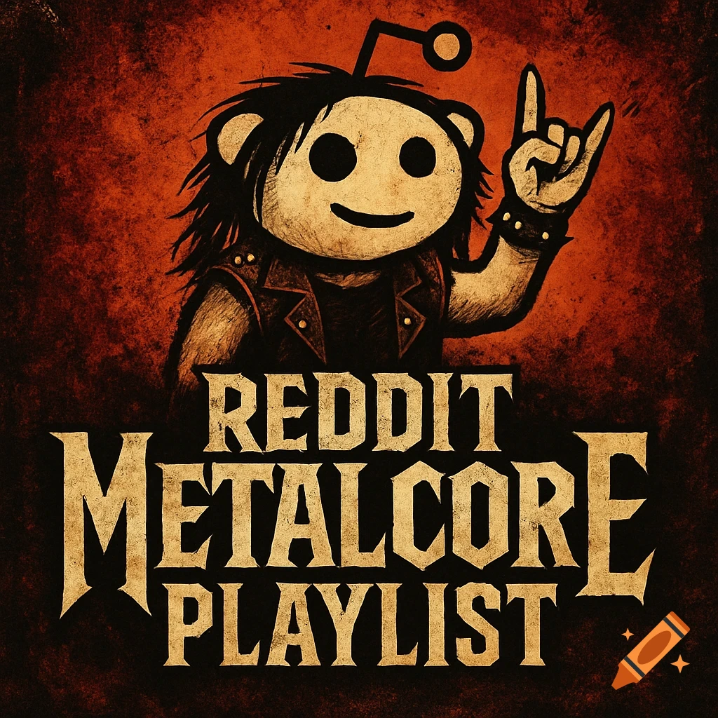 Reddit Snoo character in metal gear making a rock sign above text 'REDDIT METALCORE PLAYLIST' in a grungy style.