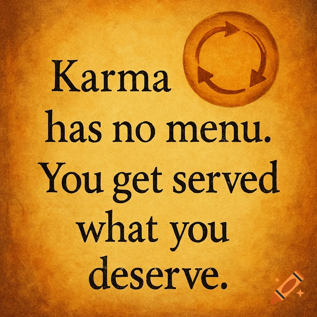 Quote about karma on a textured background with a circular symbol