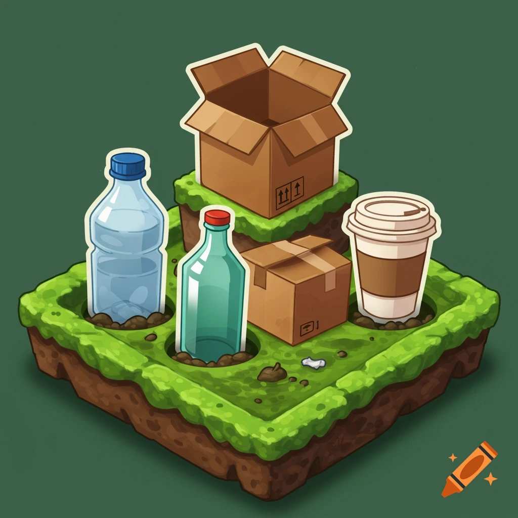 Isometric cartoon of recyclable items (plastic bottle, glass bottle, cardboard boxes, coffee cup) on a dirt and grass tray.