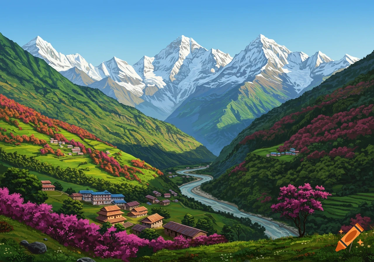 Illustrated landscape of a mountain valley with a winding river, villages, and vibrant pink and orange vegetation.