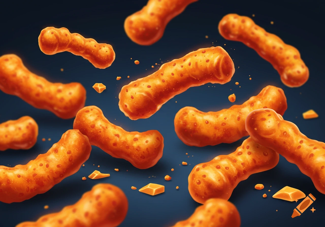 Orange, bone-shaped cheese snacks float on a dark background with crumbs.