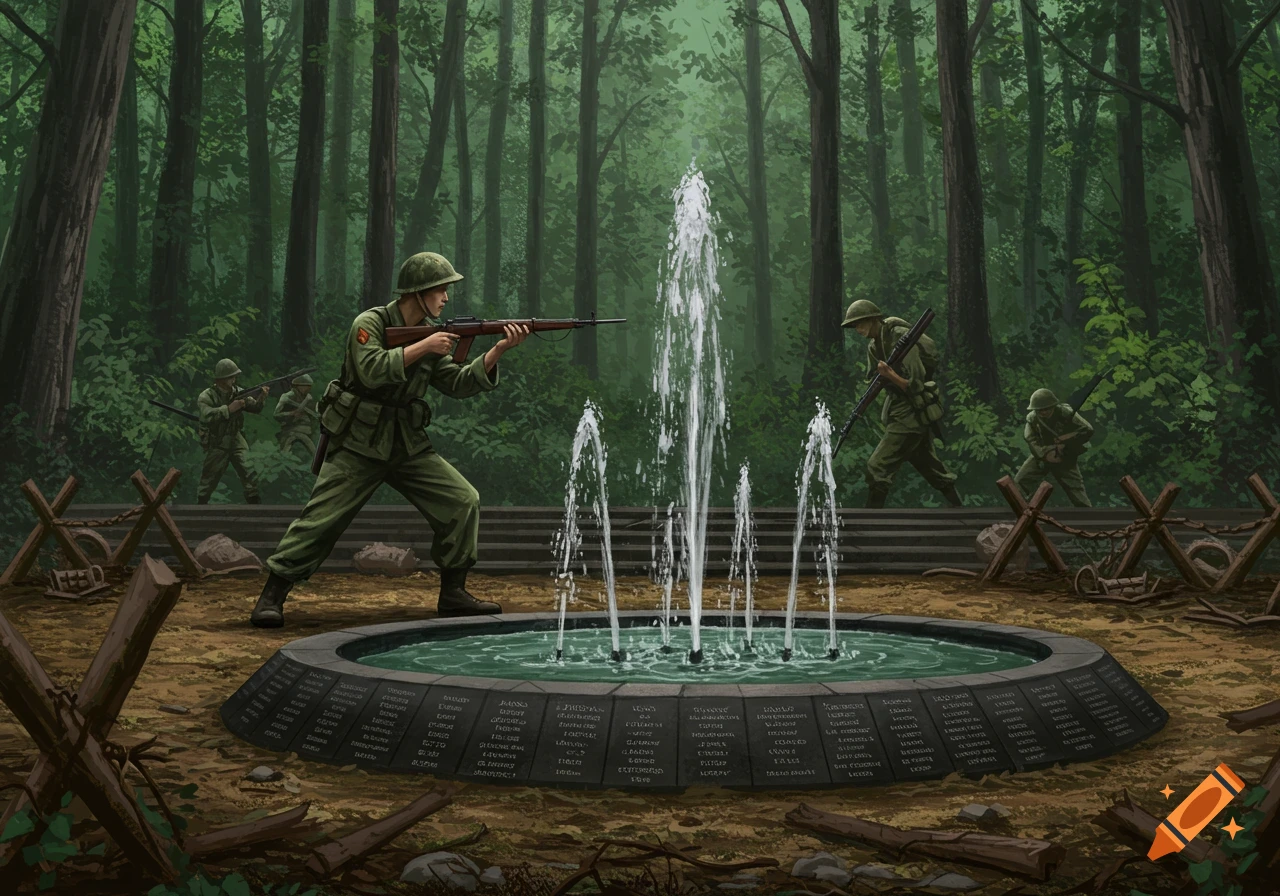 Illustration of soldiers near a memorial fountain in a forest.
