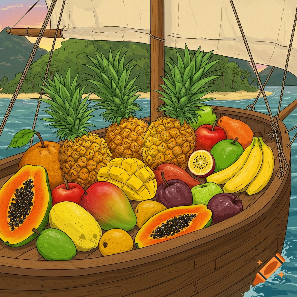 Illustration of a boat overflowing with tropical fruits like pineapples, papayas, mangoes, and bananas, sailing near a tropical island.