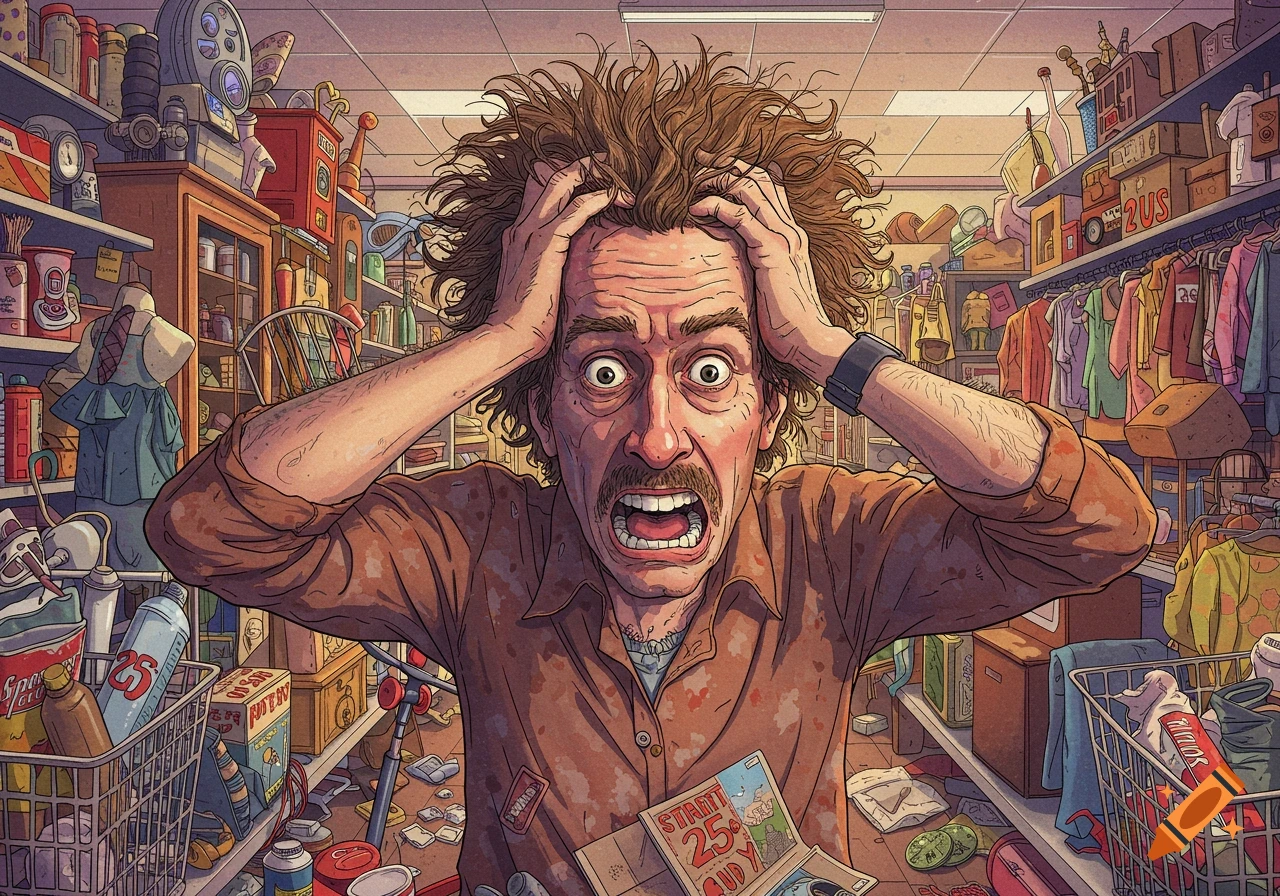 Illustration of a man with wild hair and panicked expression holding his head in a cluttered thrift store