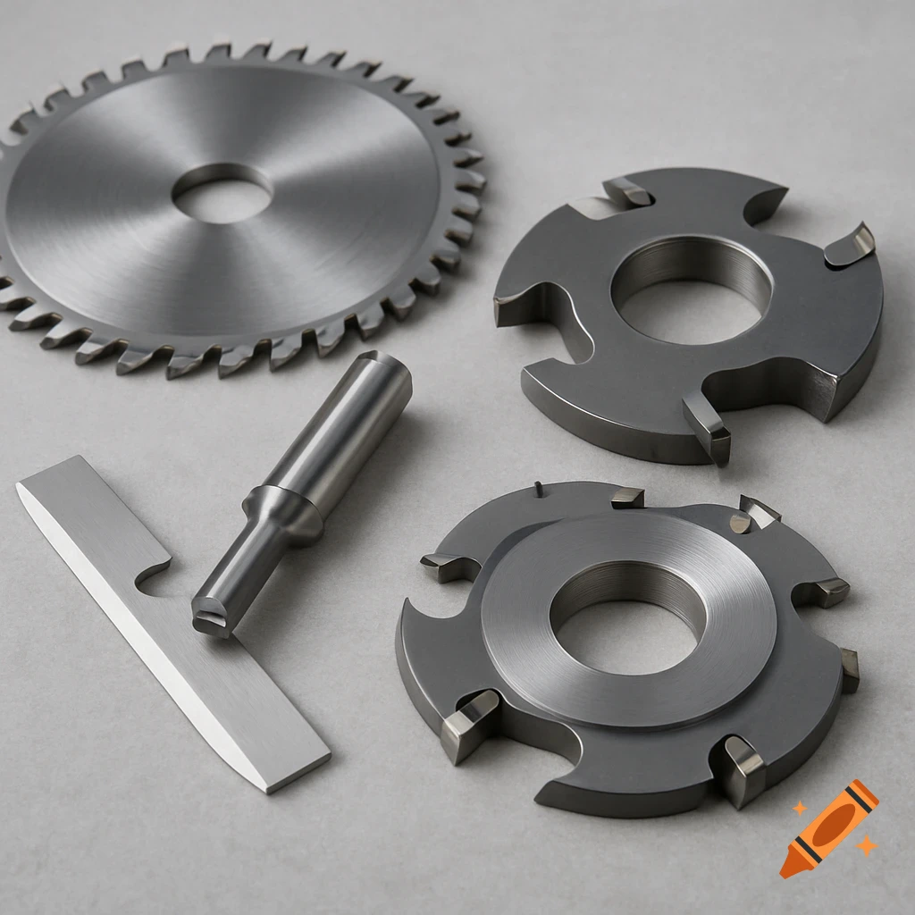 Close-up photo of metal saw blade, router bit, and cutter tools