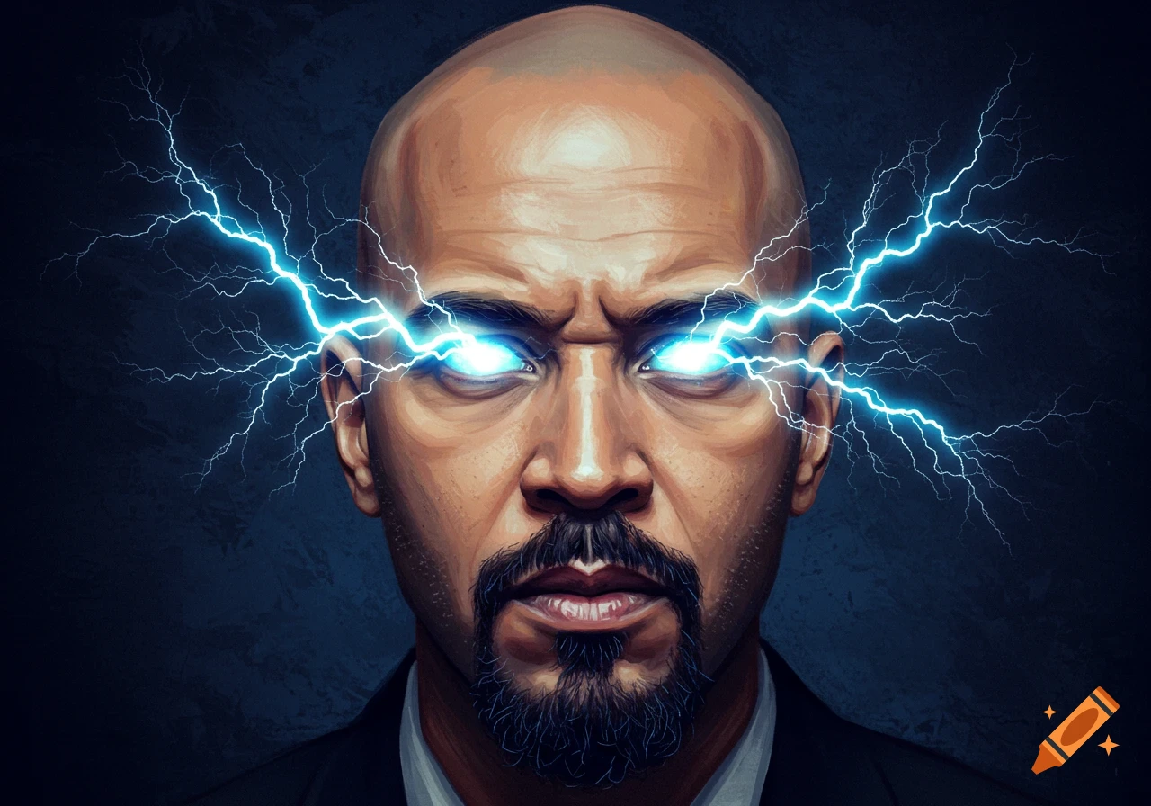 Closeup portrait of a bald man with a goatee with lightning coming