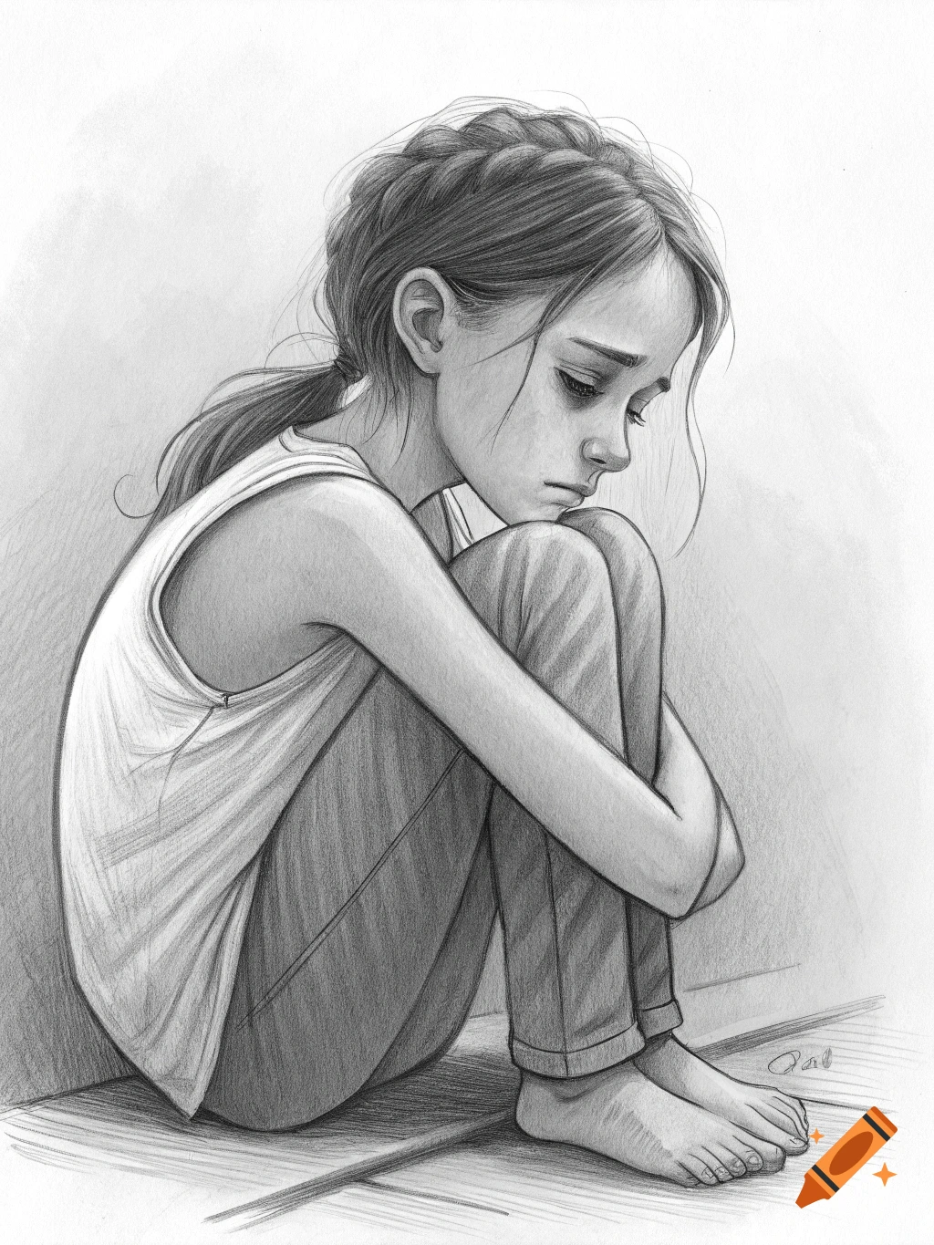 Pencil drawing of a sad girl sitting with her knees pulled up to her chest.