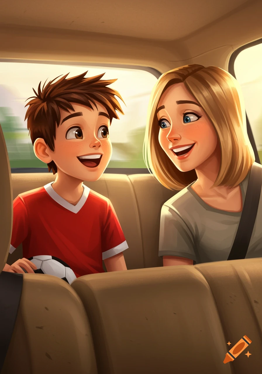 A cartoon mother and son talk happily in a car; the boy holds a soccer ball.