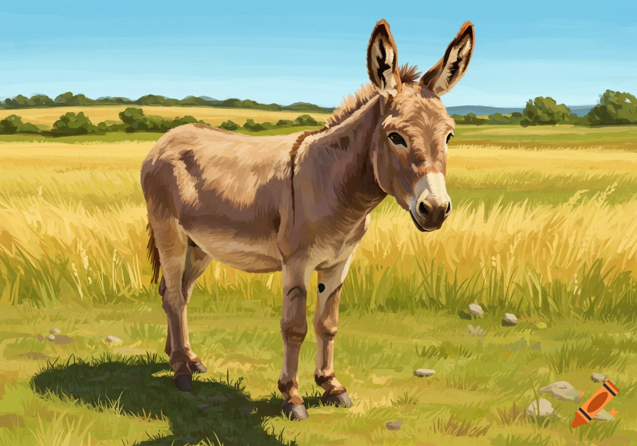 Illustration of a brown donkey standing in a grassy field.