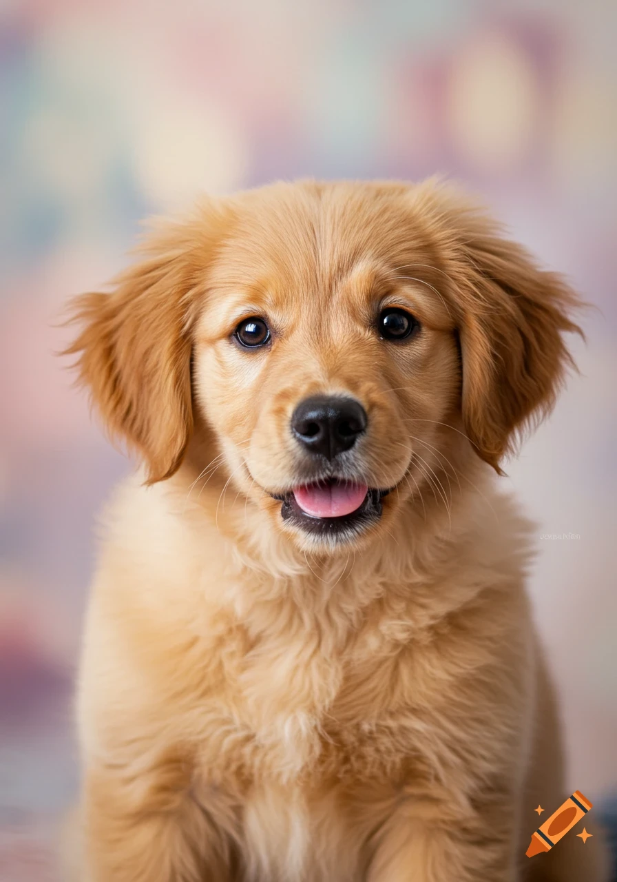 Close-up portrait of a cute golden retriever puppy looking at the camera