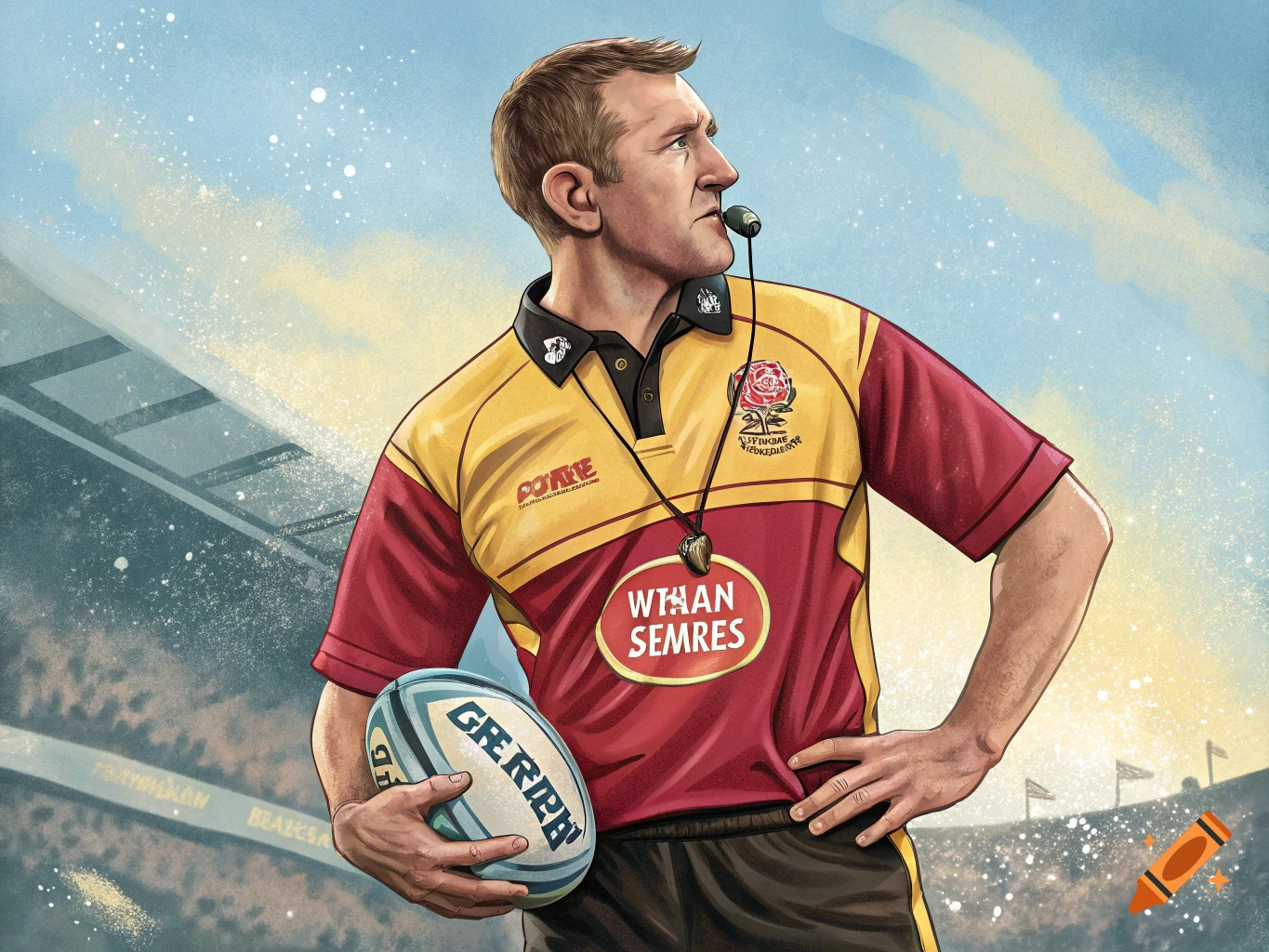 Illustration of a rugby referee holding a ball in a stadium.