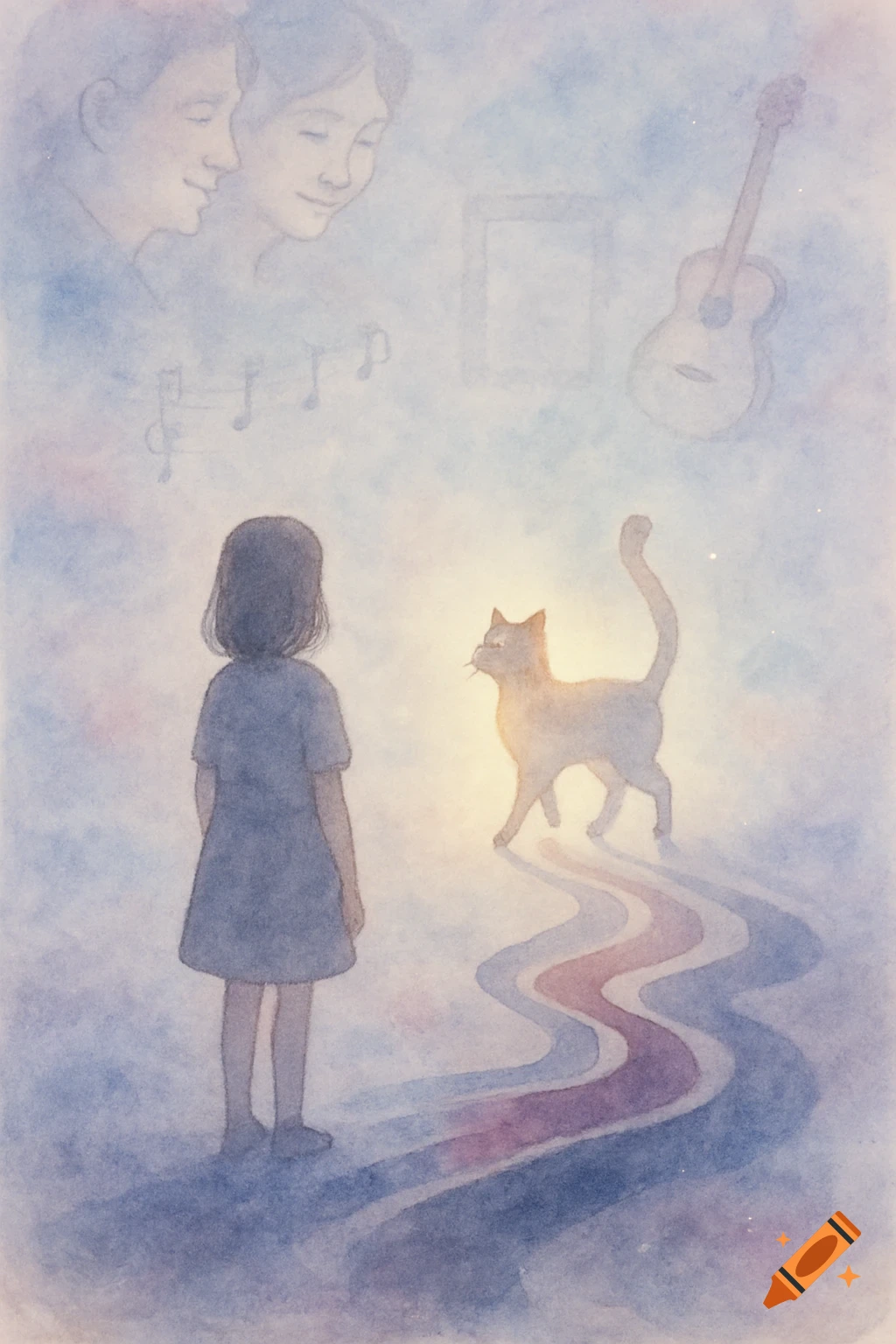 Watercolor illustration of a girl watching a glowing cat walk on a colorful path, with faded memories, music notes, and a guitar in a misty background.