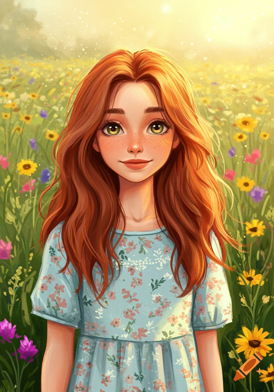 Illustration of a red-haired girl in a floral dress standing in a field of wildflowers.