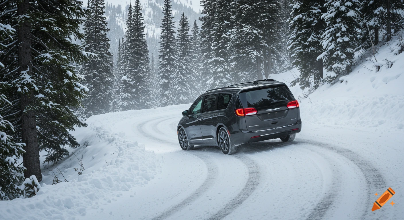 A dark grey minivan drives along a winding snowy mountain road surrounded by snow-covered pine trees, photorealistic.