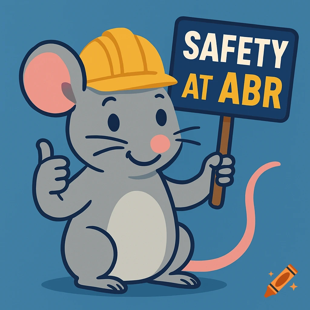 Cartoon mouse wearing a yellow hard hat and holding a sign that says 'SAFETY AT ABR', giving a thumbs up.