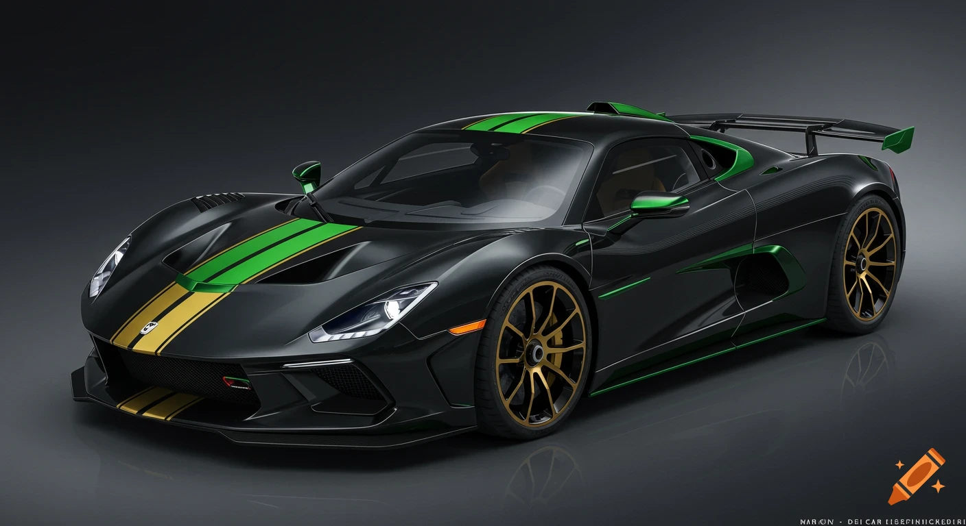 Black sports car with green and gold racing stripes parked on a reflective grey surface.