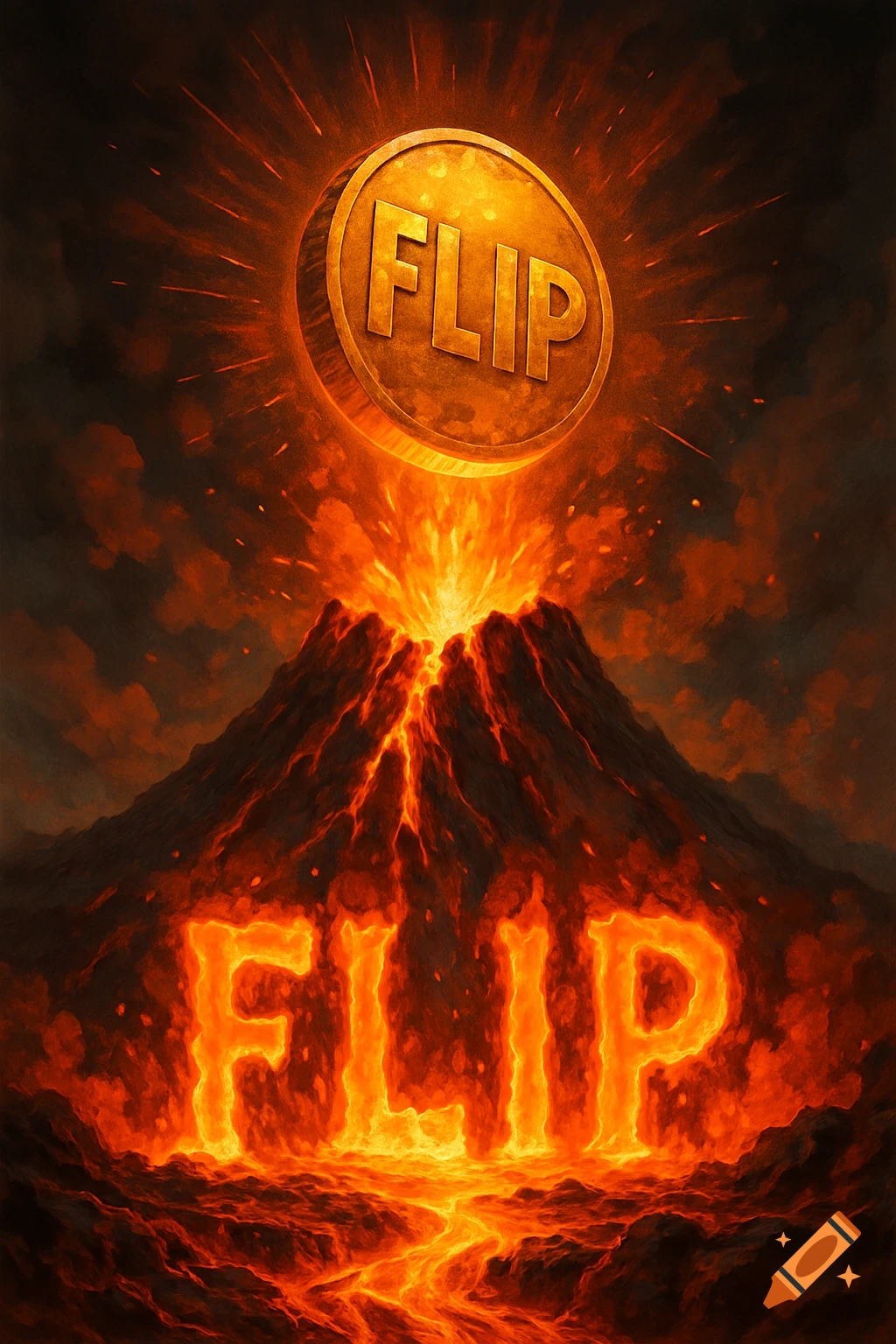 A golden coin with 'FLIP' engraved on it floats above an erupting volcano with 'FLIP' spelled out in lava at the base.