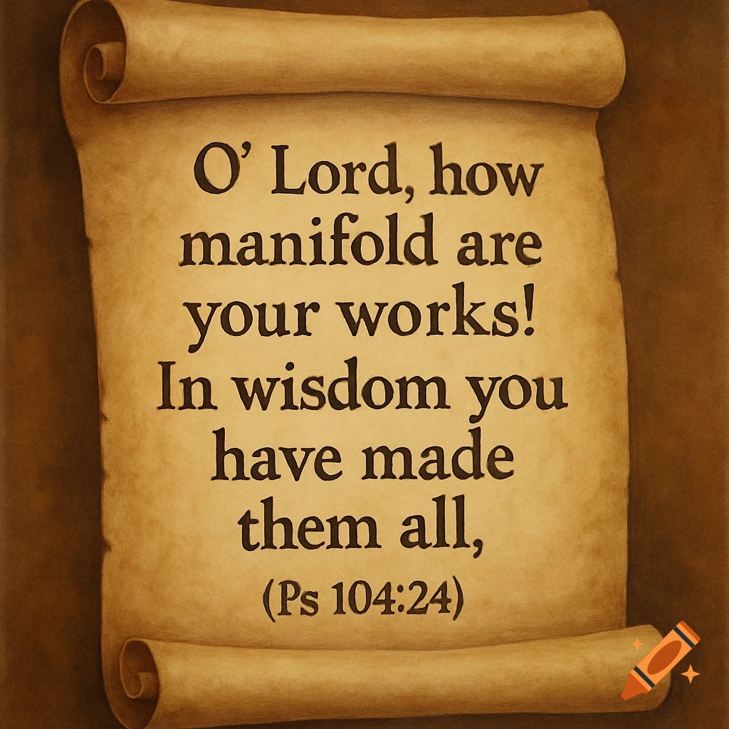 Brown scroll with a quote from Psalm 104:24