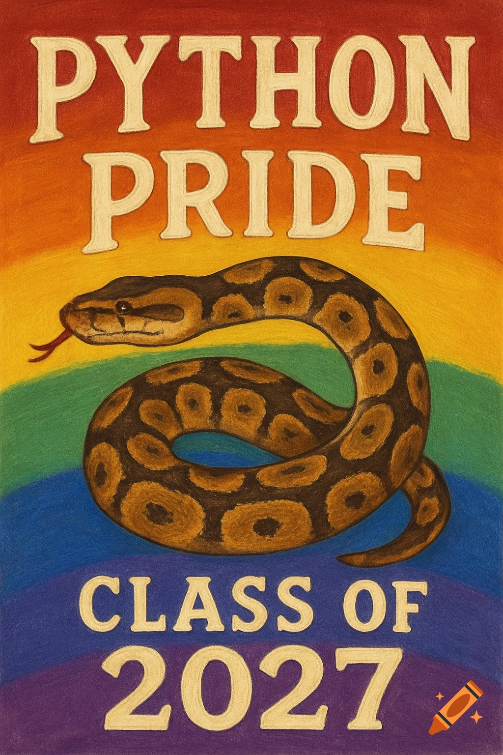 PYTHON PRIDE CLASS OF 2027 text on a rainbow background with a curled ball python snake in the center, drawn in a colored pencil style.