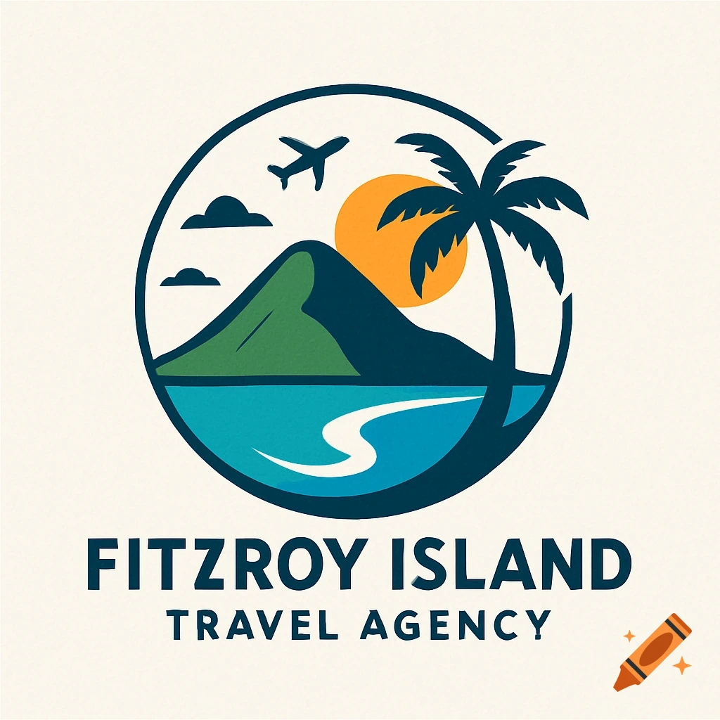Logo for Fitzroy Island Travel Agency featuring a palm tree, mountain, sun, and airplane within a circle.