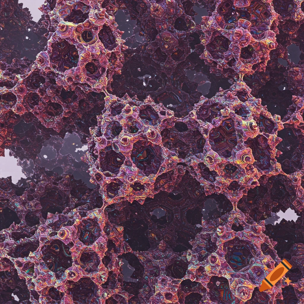 A detailed view of a complex, porous, interconnected abstract structure in shades of red, purple, and gold.