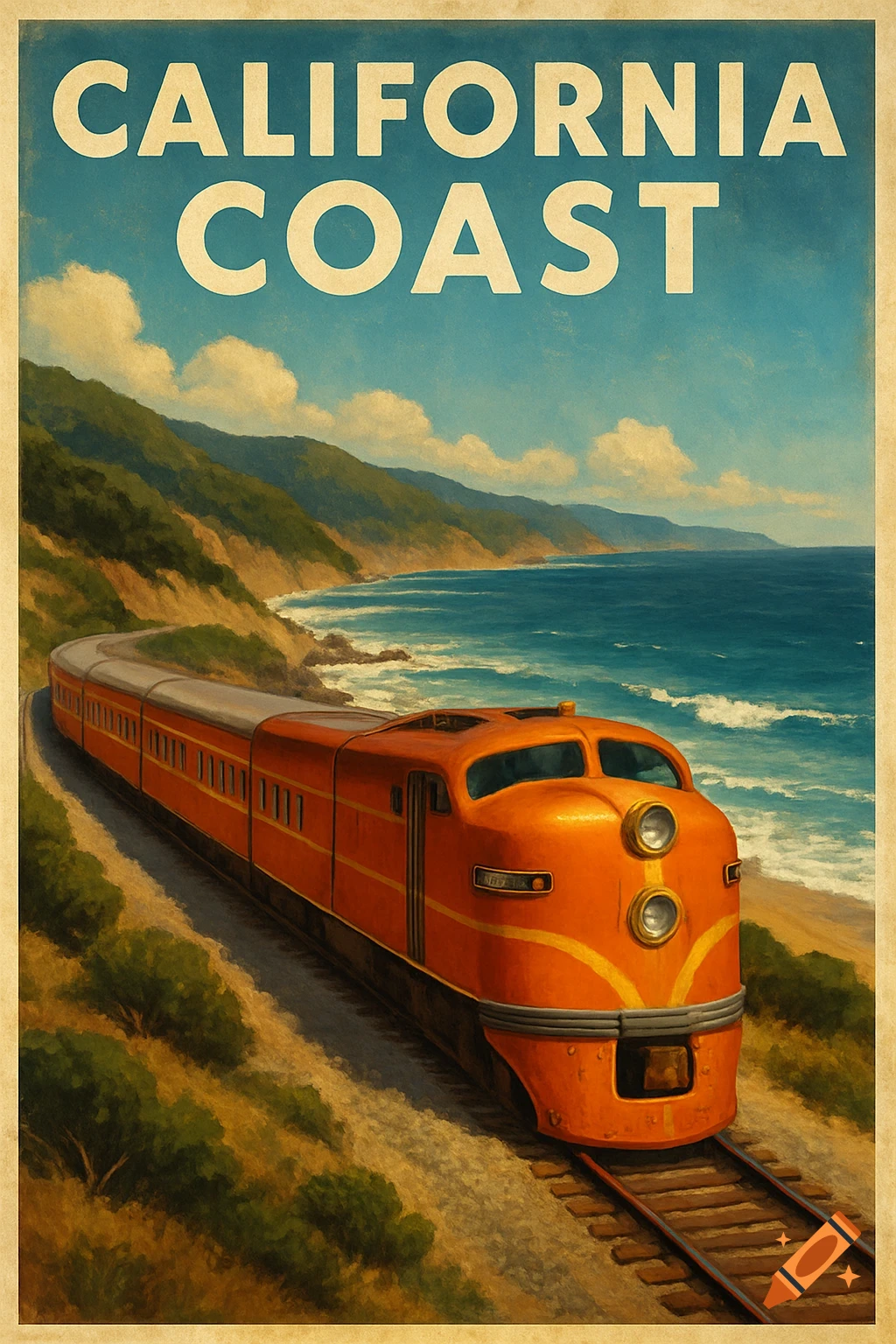 Vintage poster of an orange train on tracks along the California coast.