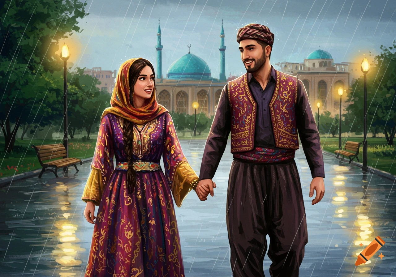 A couple in traditional Kurdish clothing walk hand-in-hand in the rain with a mosque in the background, digital painting.