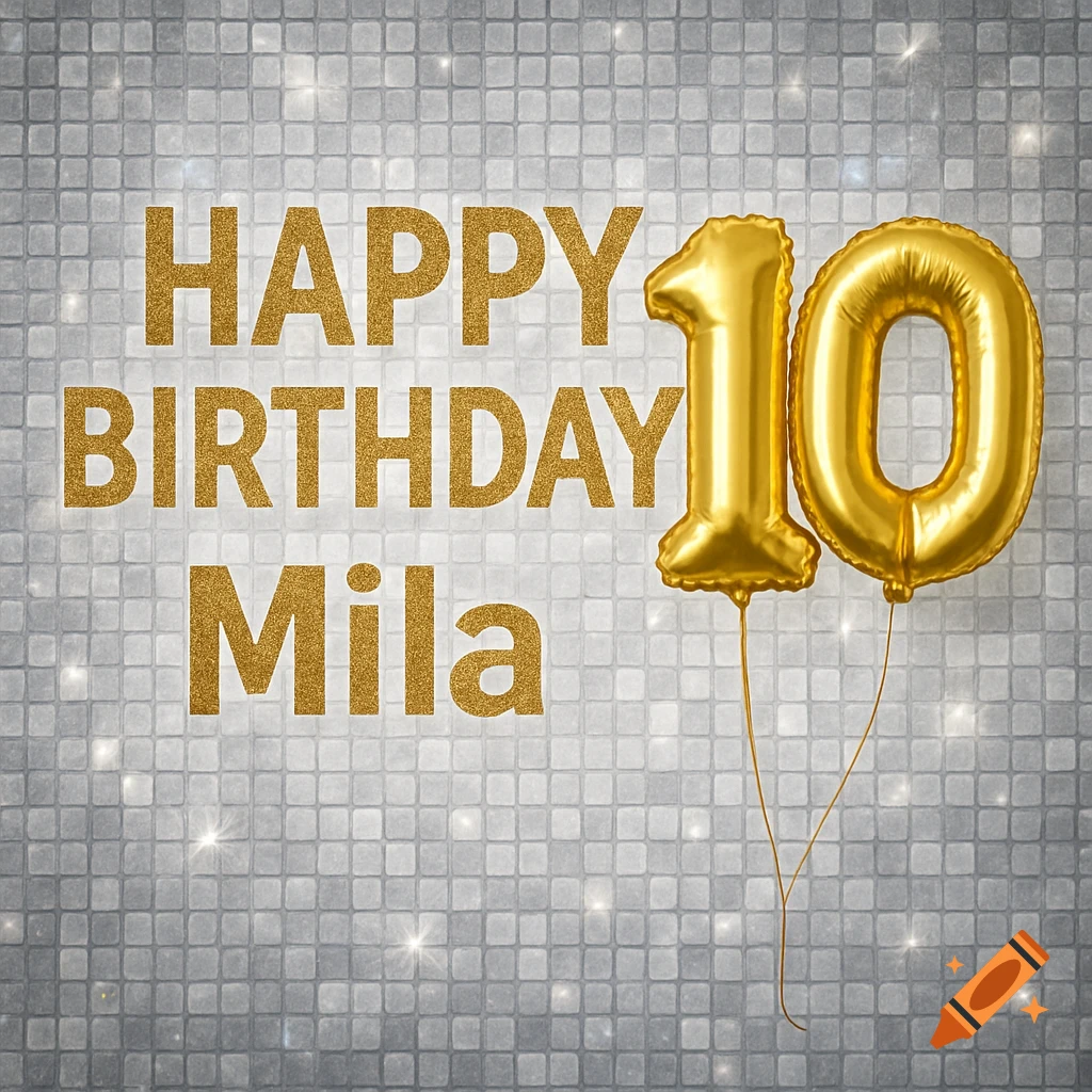 Glittery gold text "HAPPY BIRTHDAY Mila" and large gold number 10 balloons against a silver tiled background.