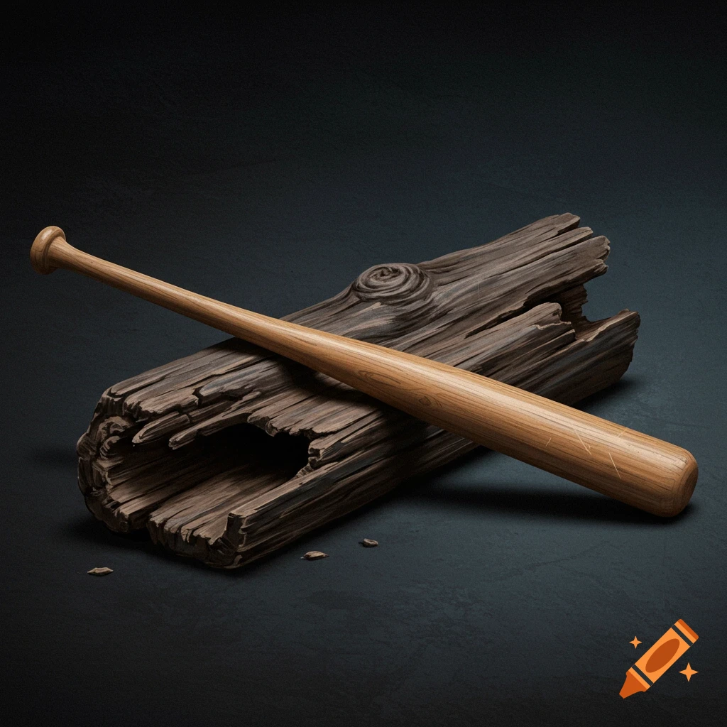 A wooden baseball bat rests on a piece of weathered wood against a dark background.