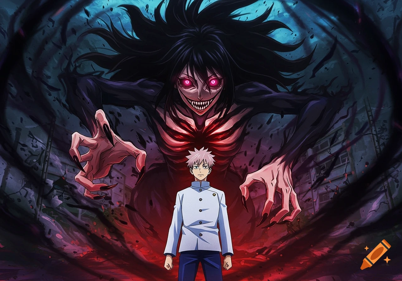 Anime illustration of a young man facing a large, dark monster with glowing eyes.