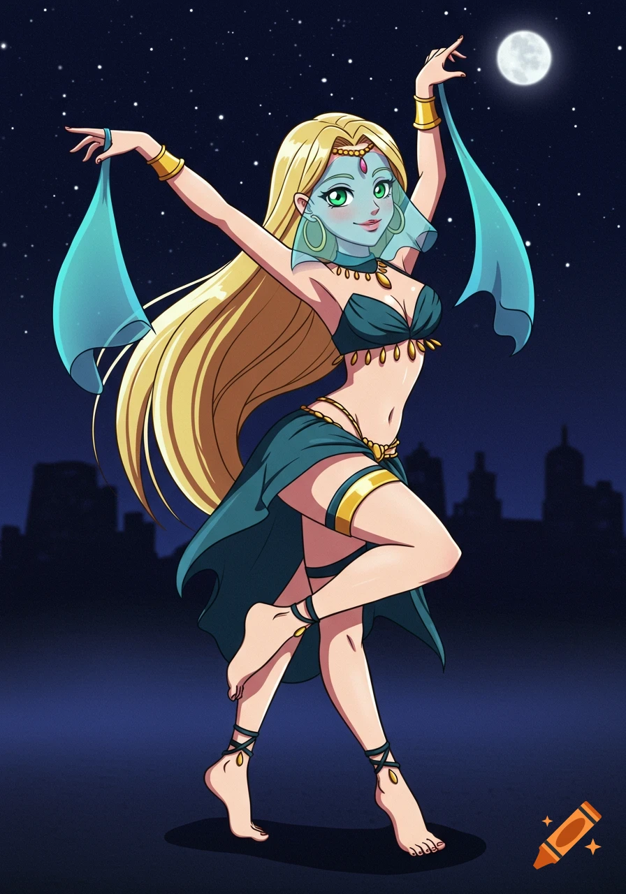 A cartoon anime woman with long blonde hair and green eyes dances at night in a dark teal and gold outfit with blue veils.