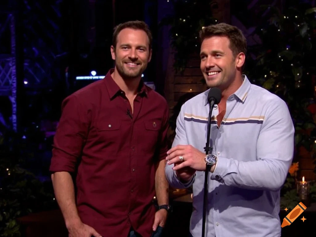 Two men, one in a maroon shirt and one in a light blue shirt, smiling on a stage with microphones.