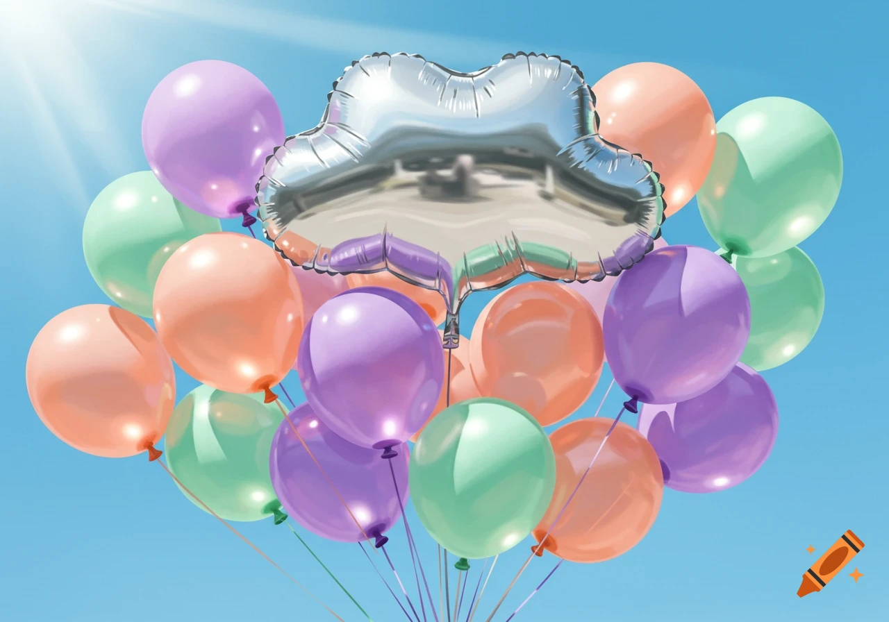 Colorful pastel balloons and a silver foil balloon floating in a bright blue sky with sun flare.
