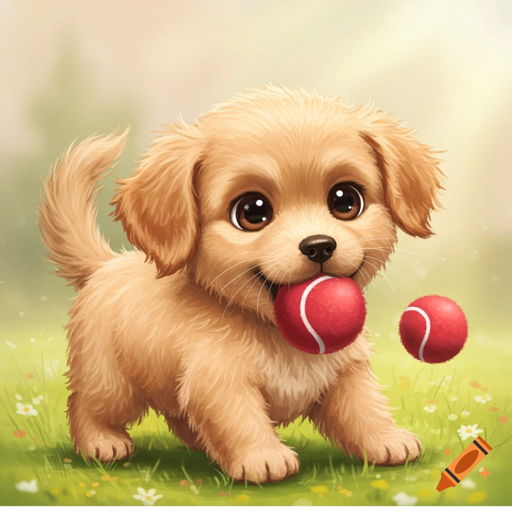 Cute fluffy golden puppy holding a red tennis ball in its mouth, standing in a grassy field. Illustration style.