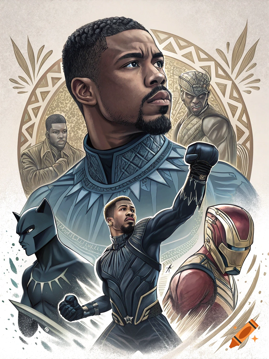 Illustration collage featuring Michael B. Jordan as Killmonger, Black Panther, and Creed with tribal patterns.