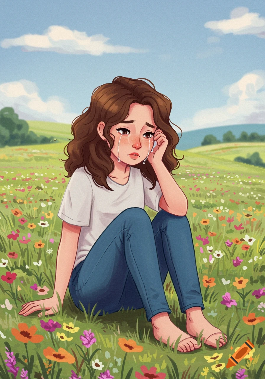A young girl with brown hair sits crying in a field of colorful wildflowers, in a children's book illustration style.
