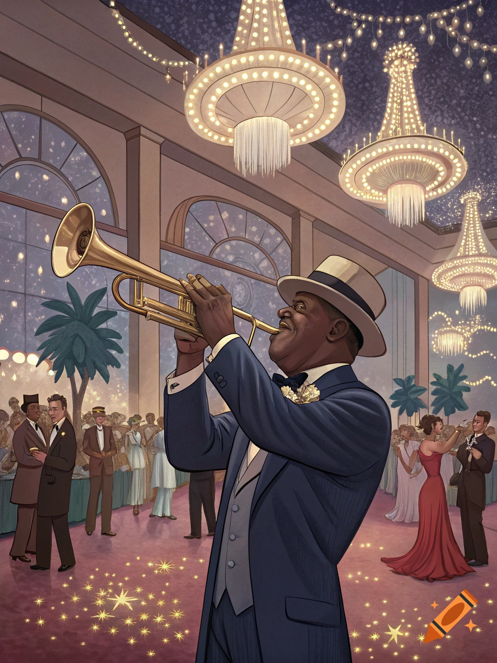 A jazz musician in a suit plays a trumpet at a lavish 1920s party with dancers and chandeliers.
