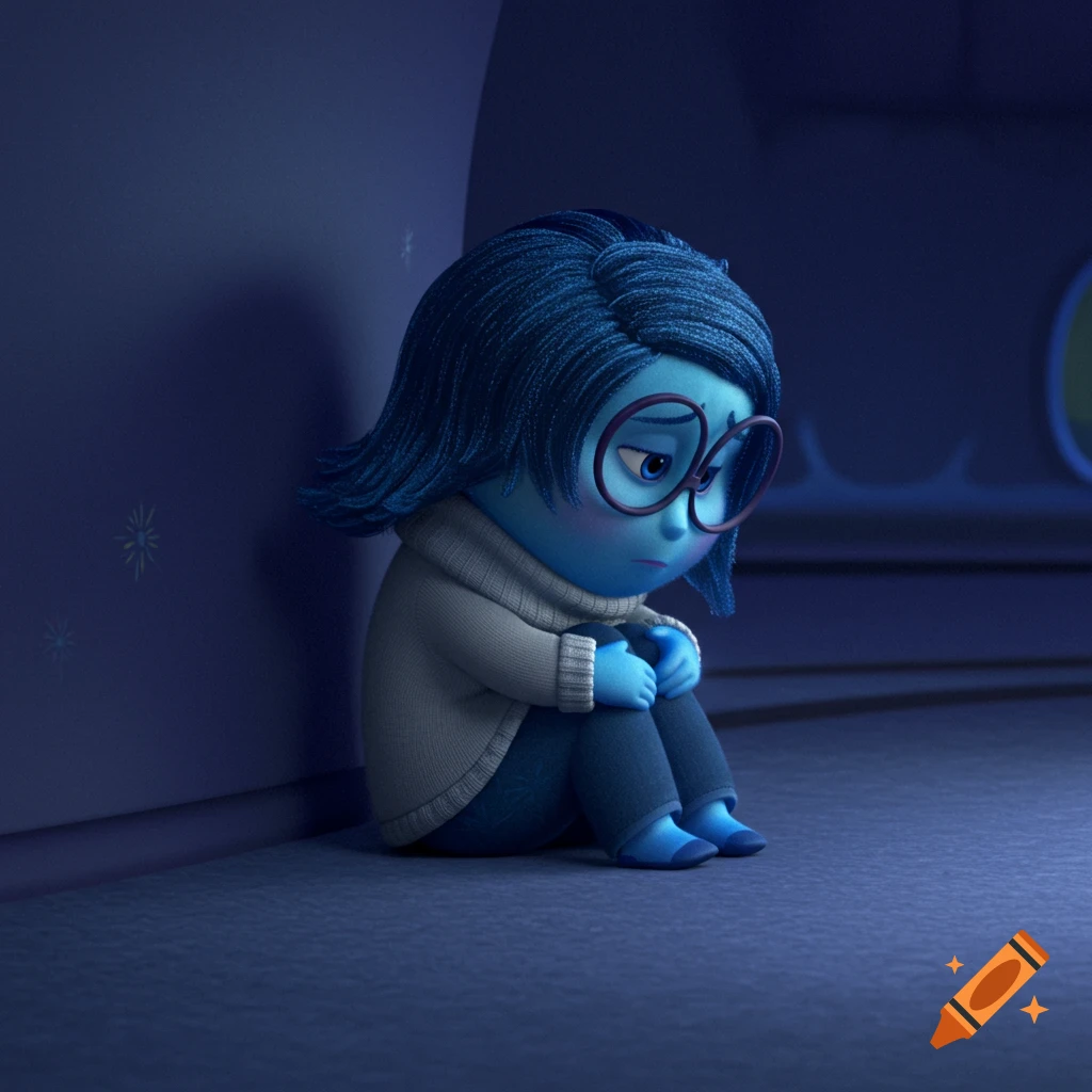 Sadness from Inside Out sits on the floor looking sad in a blue room.