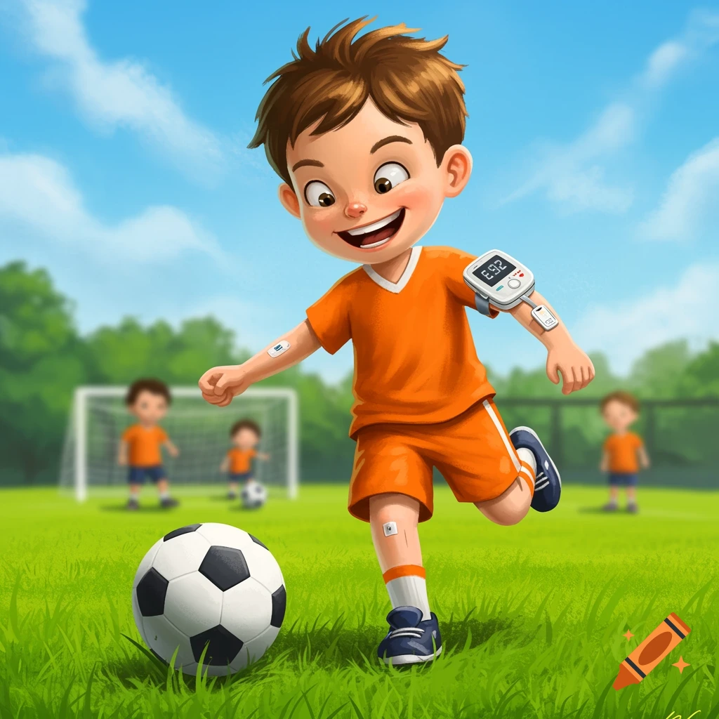 Cartoon illustration of a boy playing soccer with a glucose monitor on his arm.