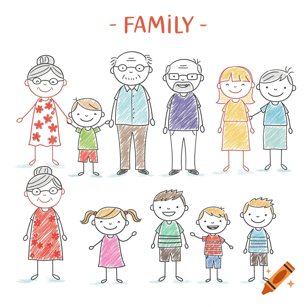 Stick figure drawing of a family group.