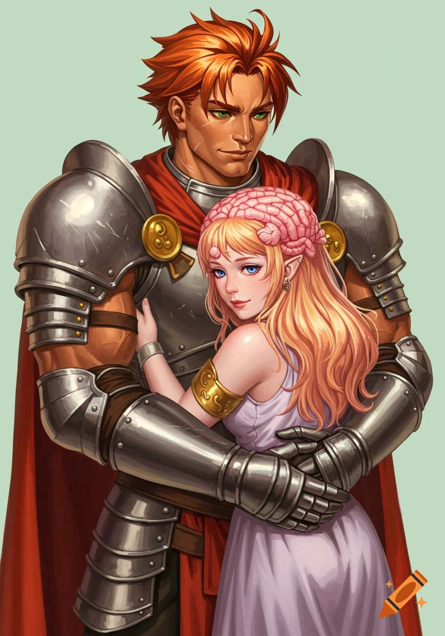 Fantasy illustration of a knight in armor embracing a woman with long blonde brain hair