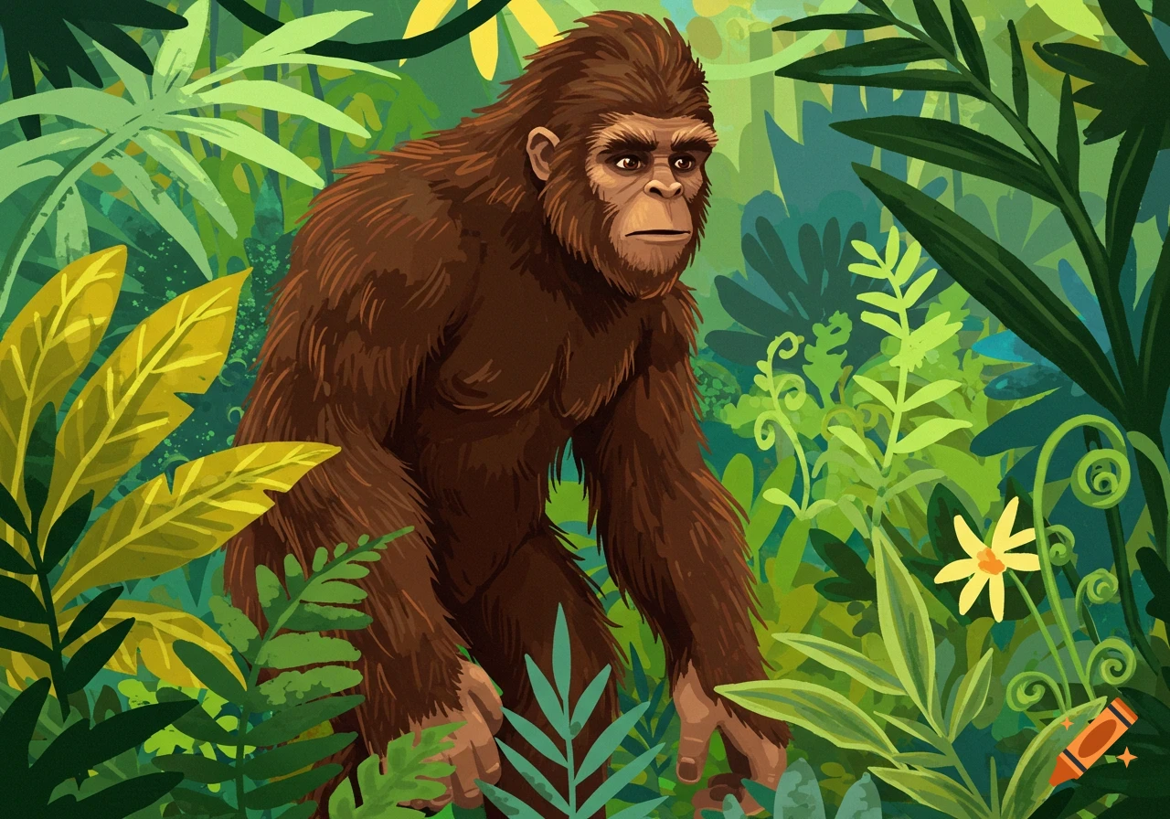 Illustration of a brown bigfoot standing in a lush green jungle