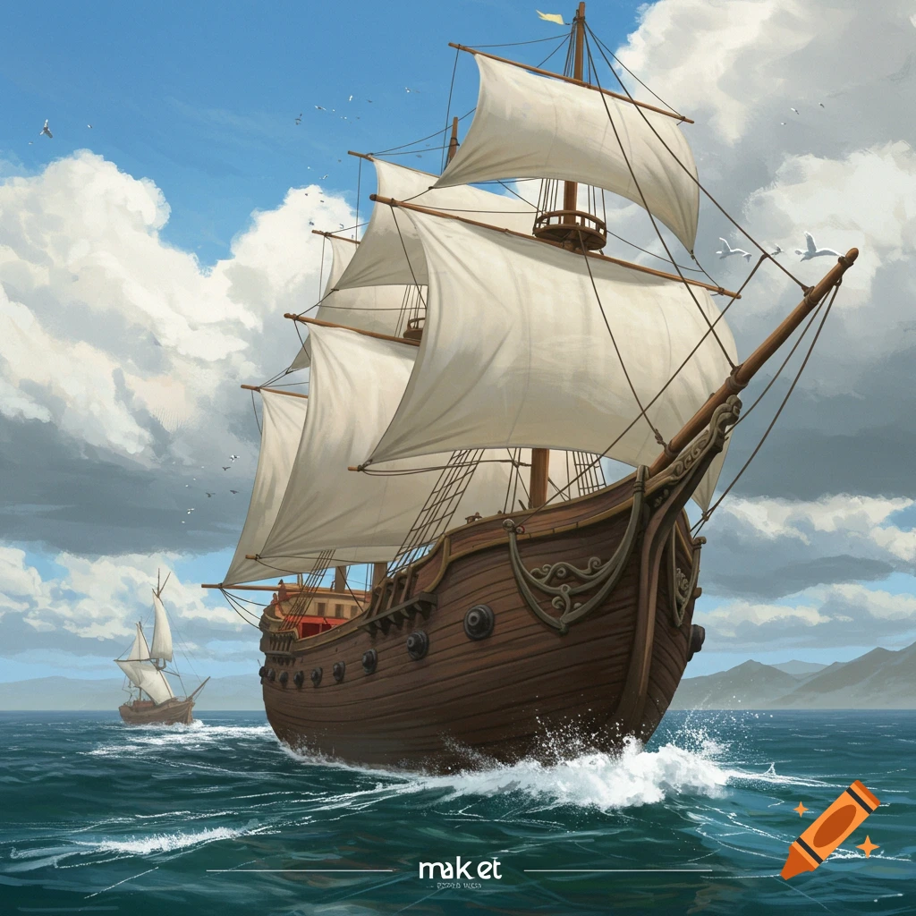 A large sailing ship with full sails navigates a choppy blue sea under a cloudy sky.