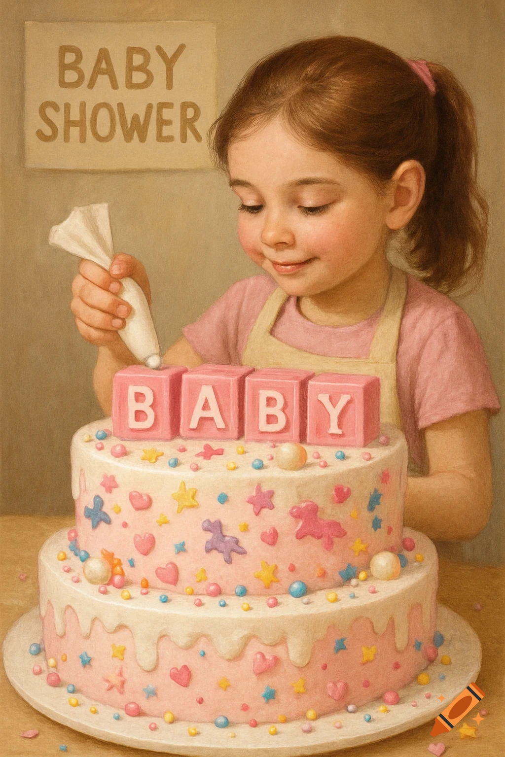 A young girl decorates a baby shower cake with pink blocks spelling 'BABY' and colorful sprinkles, in a painterly style.