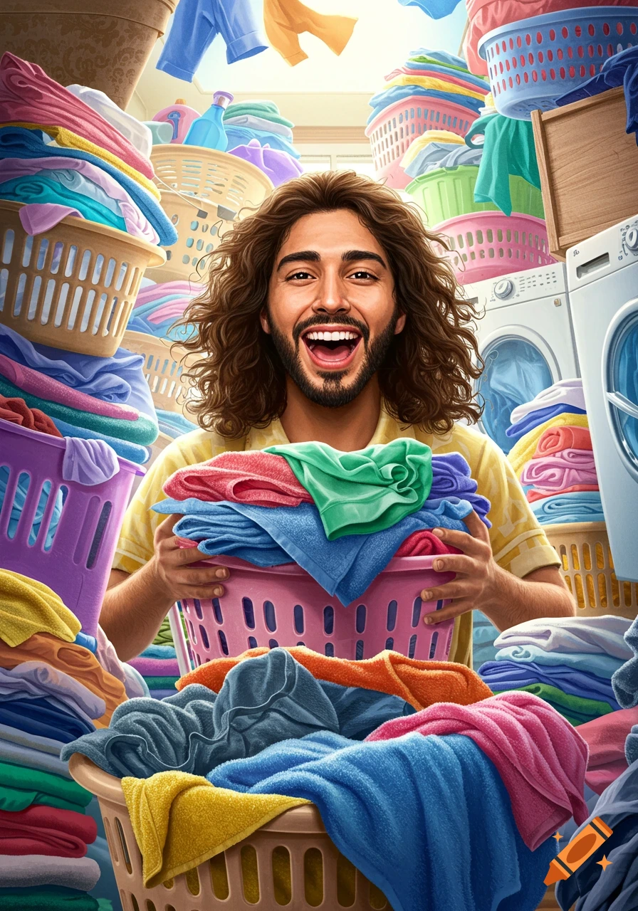A man holding a laundry basket full of clothes, surrounded by mountains of colorful laundry and washing machines.