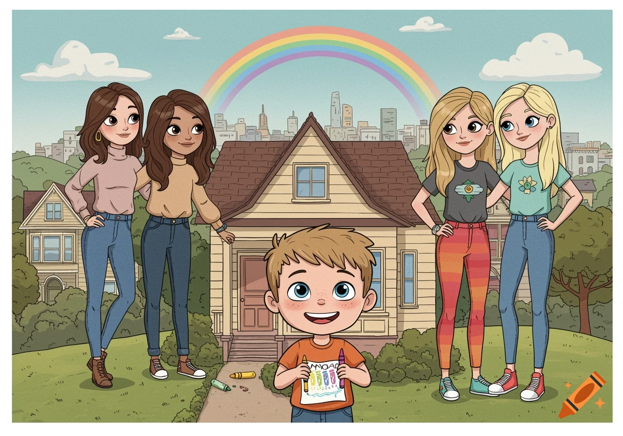 Cartoon illustration of a boy holding a drawing with crayons, standing in front of a house with four women and a rainbow.