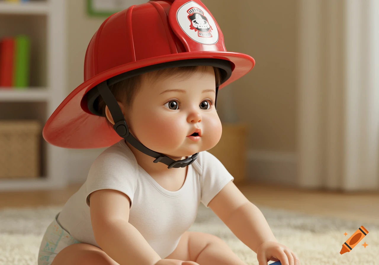 A baby wearing a red firefighter helmet sits on a rug in a room.