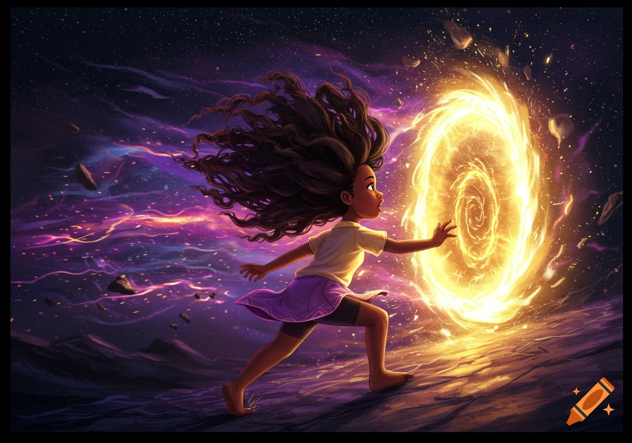 Illustration of a young girl with long curly hair reaching into a glowing orange portal in a cosmic setting.