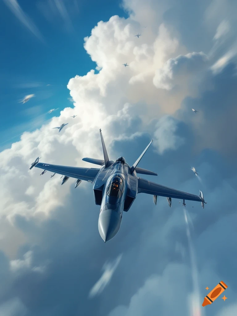 A fighter jet flies through clouds with other jets in the background.